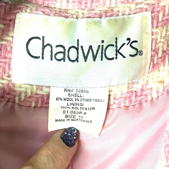 vintage Chadwicks Pink & cream ivory Wool Houndstooth mid length Coat Size 10 - Picture 5 of 9